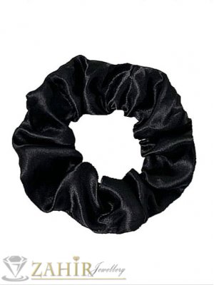 Малък черен сатенен  ластик за коса скрънчи с диаметър 9 см, много мек, носи се на опашка или за гривна - L1178